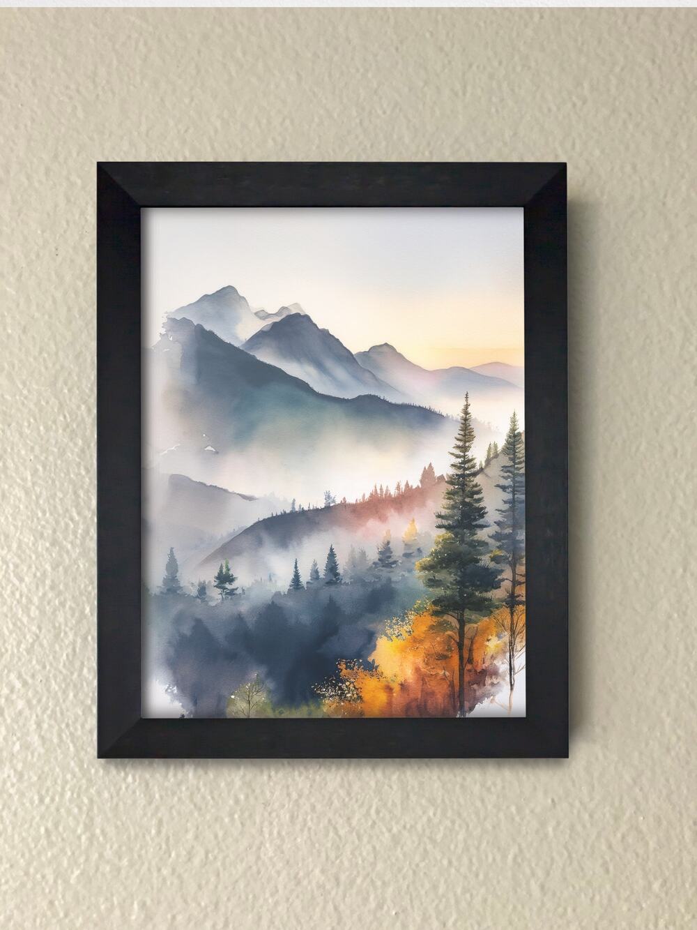 Framed Watercolor Mountain Wall Art Print – Serene Nature Landscape Decor